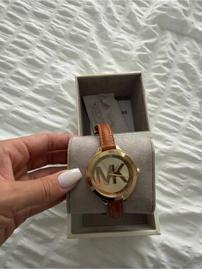 Michael Kors Gold and Brown Logo Dial Leather Strap Watch